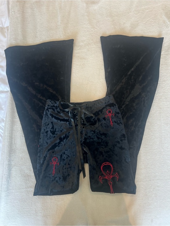 Dolls Kill Pants - Widow Black Velvet Flare Pants with Ribbon Tie Up